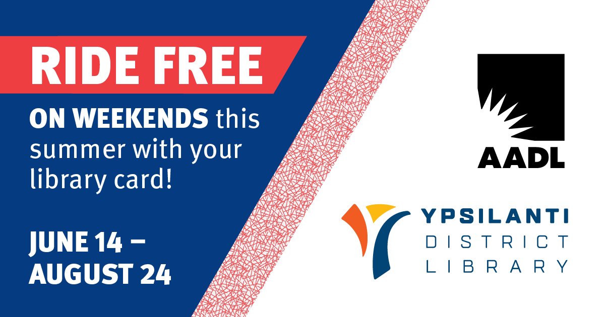 catchtheride (@catchtheride) on Twitter photo Grab your <a href="/aadl/">Ann Arbor District Library</a> or <a href="/YpsiLibrary/">Ypsilanti District Library</a> card and hop on TheRide's fixed-routes this Saturday and Sunday to ride for FREE! Just show your valid library card when boarding. Plan your trip at TheRide.org. Grab your <a href="/aadl/">Ann Arbor District Library</a> or <a href="/YpsiLibrary/">Ypsilanti District Library</a> card and hop on TheRide's fixed-routes this Saturday and Sunday to ride for FREE! Just show your valid library card when boarding. Plan your trip at TheRide.org.