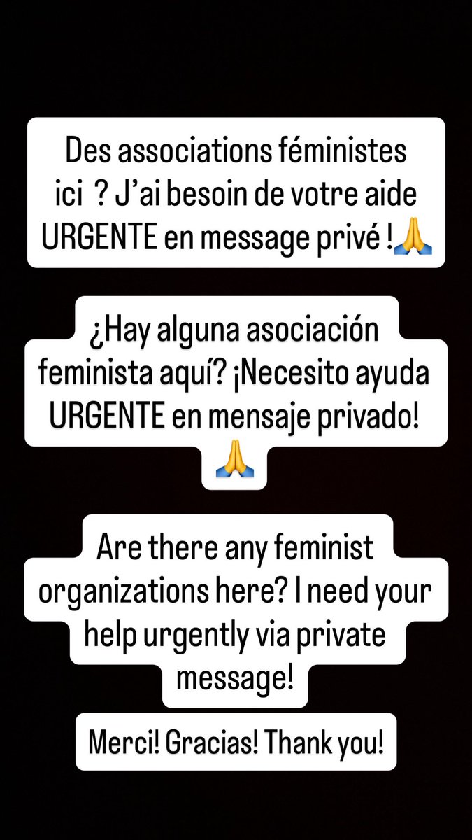 maurel_olivia's tweet image. ‼️ Des associations féministes ici ? J’ai besoin de votre aide URGENTE en message privé !🙏
‼️ ¿Hay alguna asociación feminista aquí? ¡Necesito ayuda URGENTE en mensaje privado!🙏
‼️ Are there any feminist organizations here? I need your help urgently via private message!🙏