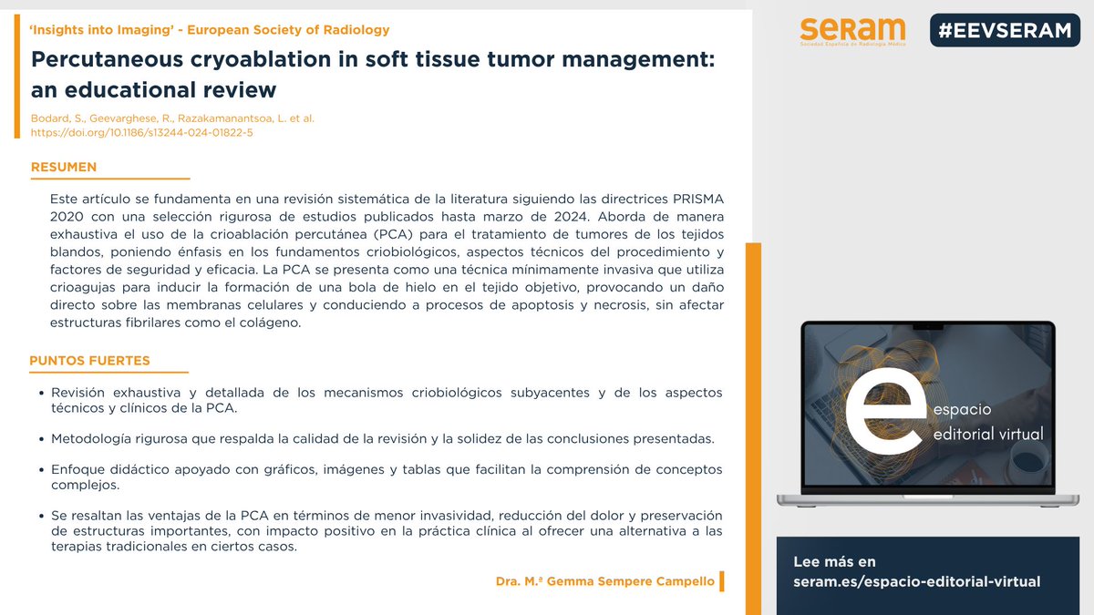 SERAM - Sociedad Española de Radiología Médica (@seram_rx) on Twitter photo 🔸 En el Espacio Editorial Virtual #EEVSeram se revisa este artículo publicado en <a href="/InsightsImaging/">Insights into Imaging</a> sobre el uso de la crioablación percutánea (PCA) en el manejo de tumores de partes blandas.
Una revisión sistemática con enfoque didáctico que explora fundamentos biológicos, 🔸 En el Espacio Editorial Virtual #EEVSeram se revisa este artículo publicado en <a href="/InsightsImaging/">Insights into Imaging</a> sobre el uso de la crioablación percutánea (PCA) en el manejo de tumores de partes blandas.
Una revisión sistemática con enfoque didáctico que explora fundamentos biológicos,