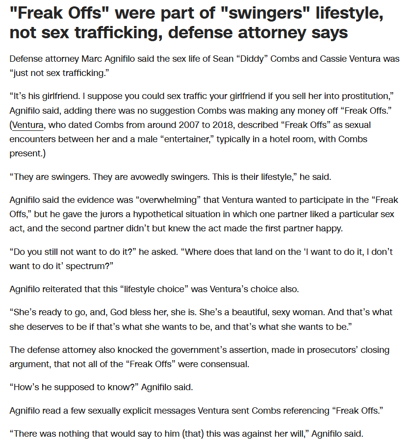 AVFTP1's tweet photo. Agnifilo says there is a distinction between sex trafficking and being swingers. Diddy and Cassie were swingers.
#DiddyTrial #DiddyClosing #CNNUpdates https://t.co/TLsnjN5AiU