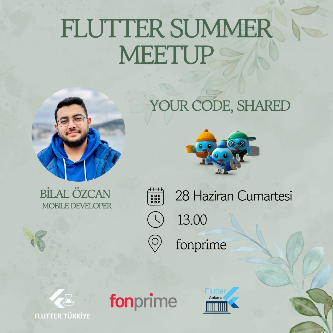 28 Haziran Cumartesi 13.00’te Flutter Türkiye ile Fon Prime’da gerçekleşecek Flutter Summer Meetup’ı kaçırmayın! 💙
Kadriye Macit, Berke Çokan, Bilal Özcan ve Mustafa Türkmen sunumlarıyla bizlerle olacak. 
Kayıt meetup.com/flutter-ankara…
Fon Prime’a destekleri için teşekkür ederiz!