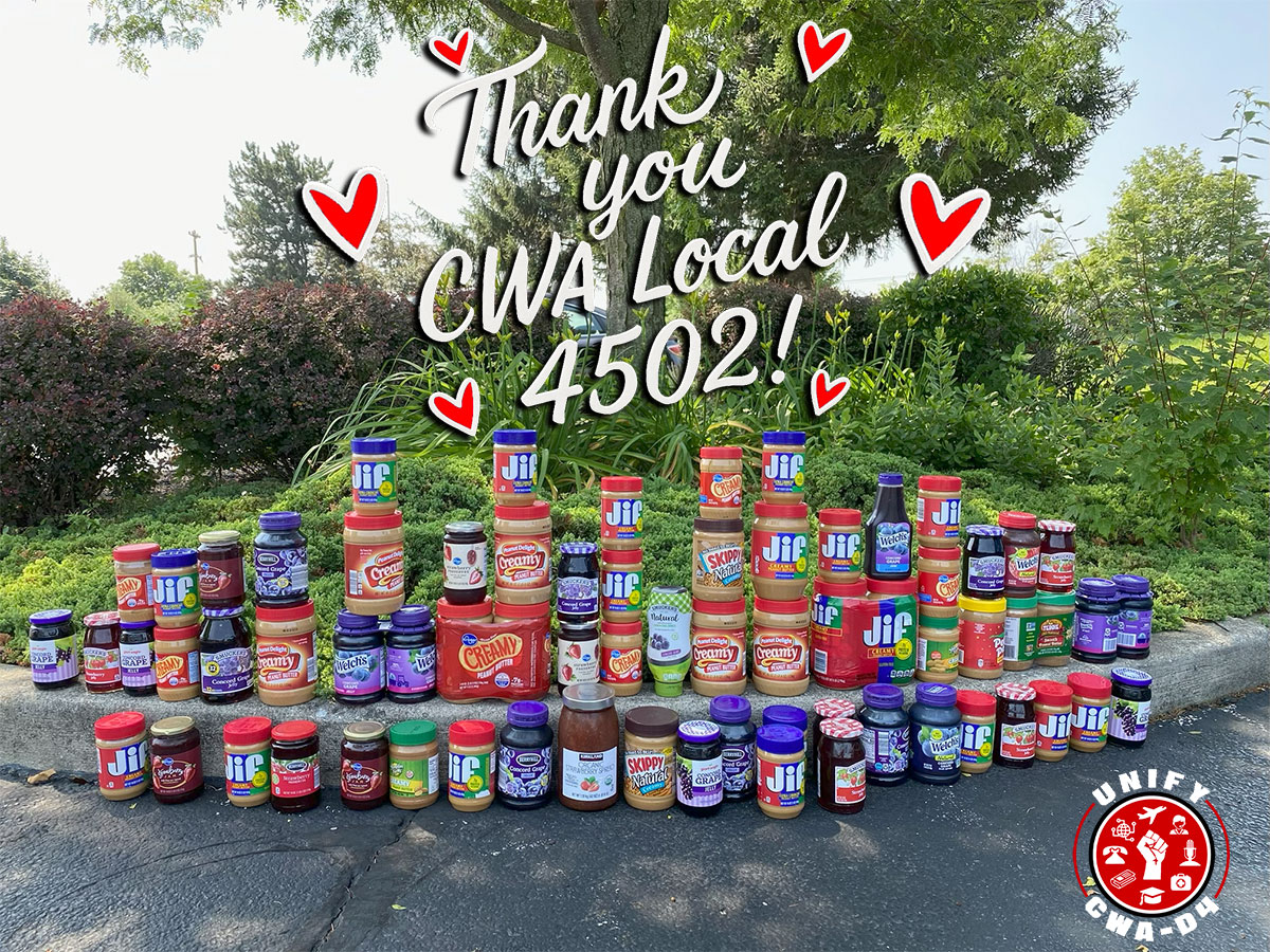 D4CWA's tweet image. CWA Local 4502 has been out there doing what they do best, standing up for the community and showing what solidarity looks like in action. Spreading the love and being there for those in need. That’s what unions do. #CWAStrong