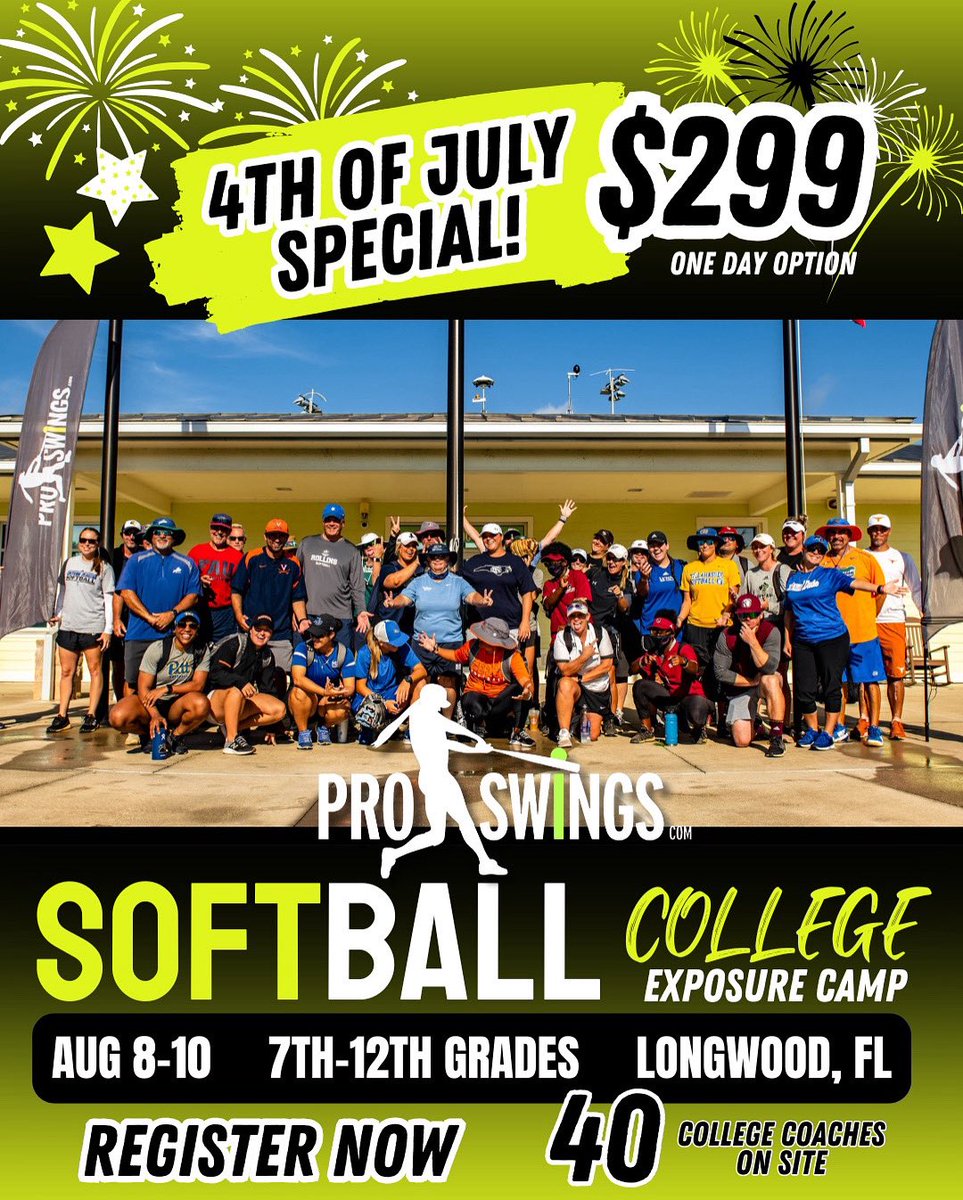 🧨 LAST CHANCE JULY 4TH DISCOUNT
☝🏼 WEEK LEFT FOR CAMP DISCOUNT
Make sure you get registered ASAP to reserve your spot to work with 40 College Coaches in ONE DAY 🙌🏼
🗓️ August 8-10th, 2025
🏟️ Soldiers Creek, Longwood, FL
💻 ProSwings.com