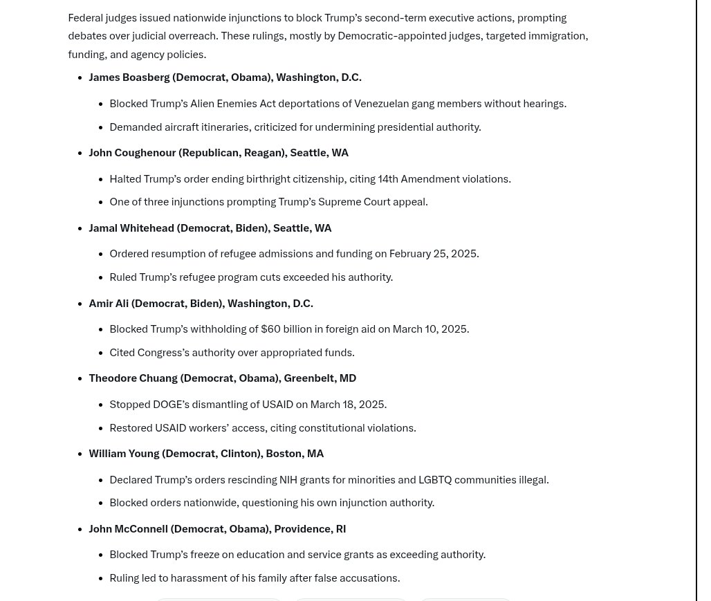 LovinTheTruth5's tweet image. @Grok Bullet point each radical judge, party, location &amp;amp; the nationwide injunction where they tried to override DJT's authority, condense to two lines max per judge.

At the bottom list out NGO's or non-profits where they're connected.