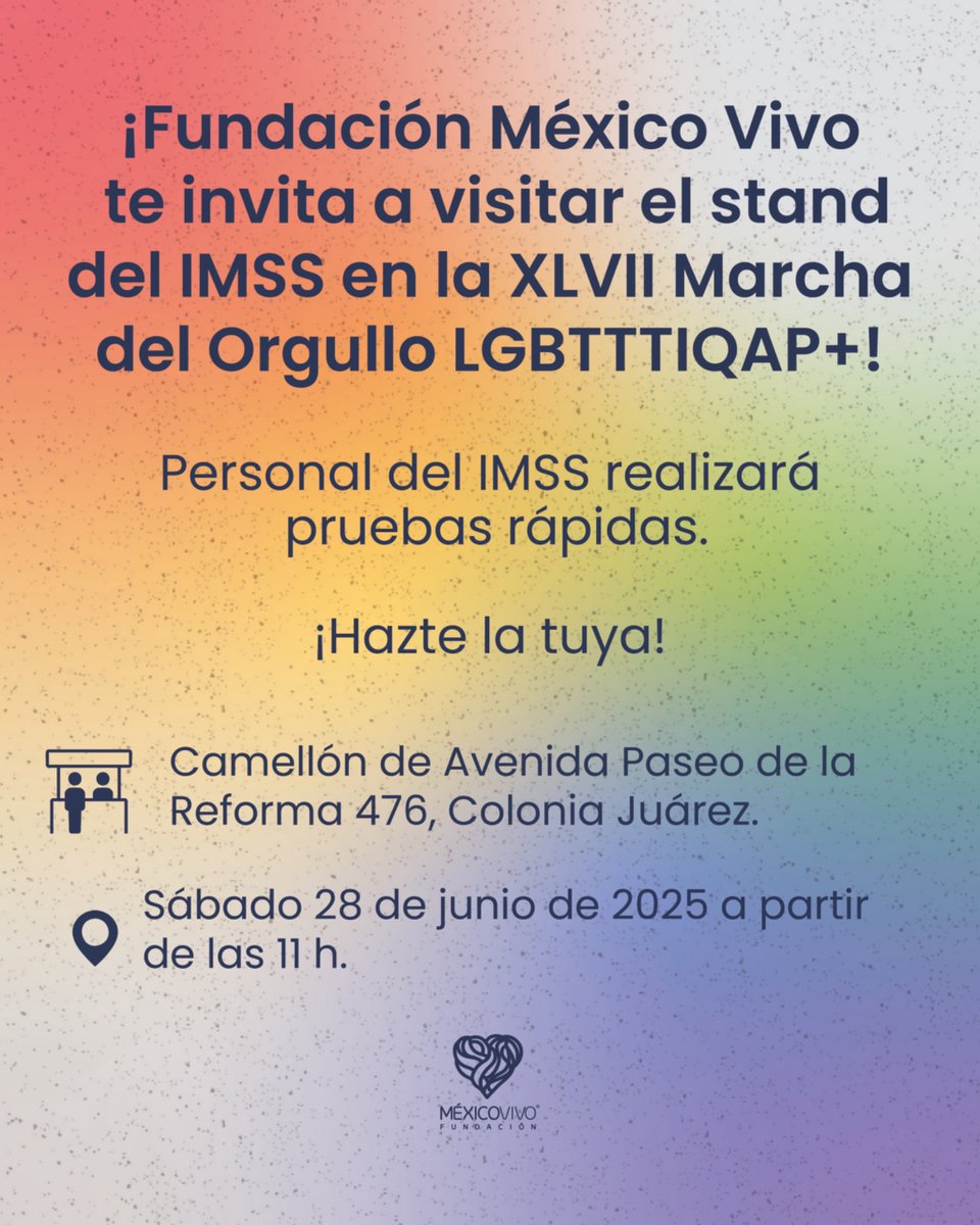 fundmexicovivo's tweet image. ¡Fundación México Vivo te invita a participar en las acciones del IMSS para conmemorar la Marcha del Orgullo LGBTTTIQAP+!
El módulo del IMSS ofrecerá pruebas rápidas de manera gratuita, así como orientación sobre trámites y servicios institucionales. 👇🏽