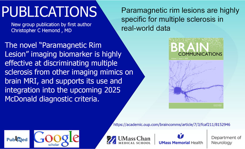UMassChanNeuro's tweet image. Check out the new publication by Christopher C. Hemond regarding the Paramagnetic Rim Lesion biomarker used in multiple sclerosis diagnosis. #neurology #MultipleSclerosis