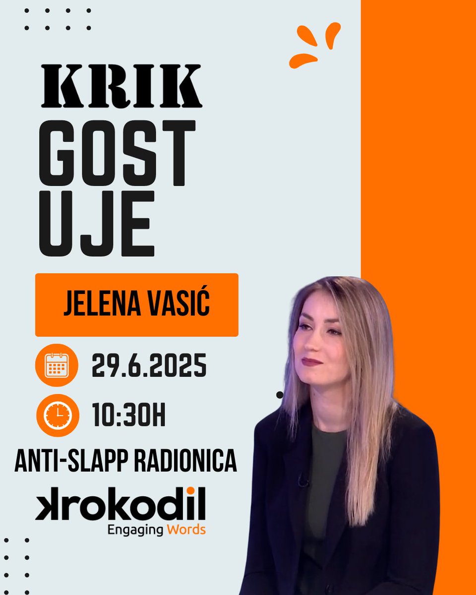 Naša Jelena Vasić <a href="/_jelvas/">Jelena Vasić</a> će učestvovati u Anti-SLAPP radionici na Krokodil festivalu u nedelju!

Svratite da pričamo o tužbama s kojim se borimo ✊