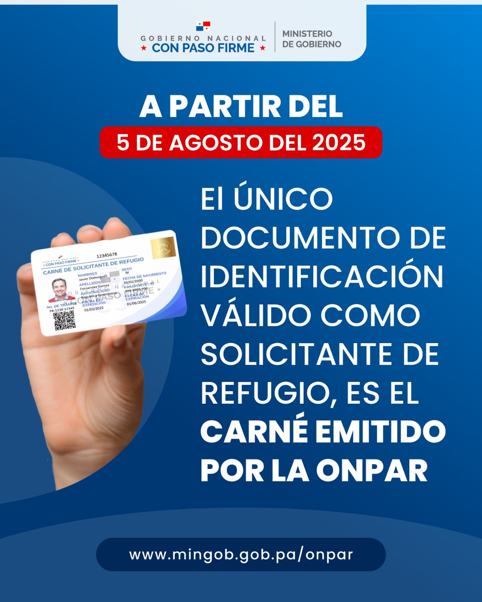 ONPARpma's tweet photo. A partir del 5 de agosto del 2025, el único documento de identificación válido como solicitante de refugio, es el carné emitido por la ONPAR. https://t.co/WOcWFlovhs