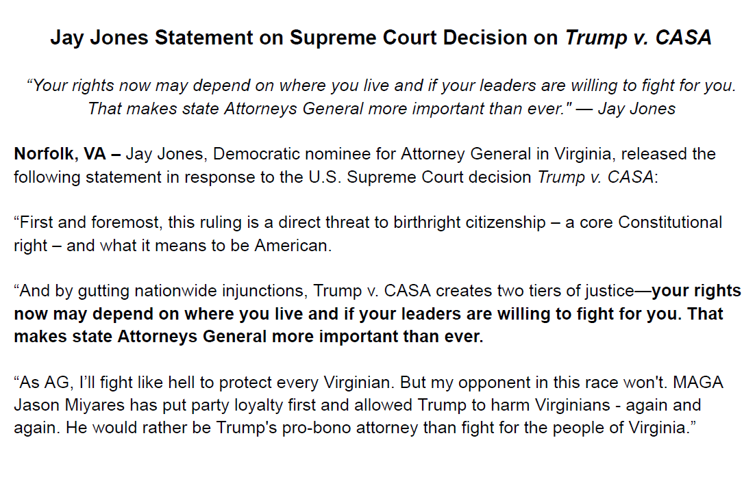 jonesjay's tweet photo. Jay Jones released the following statement on the Supreme Court Decision on Trump v. CASA: https://t.co/l4VnsOwv6P