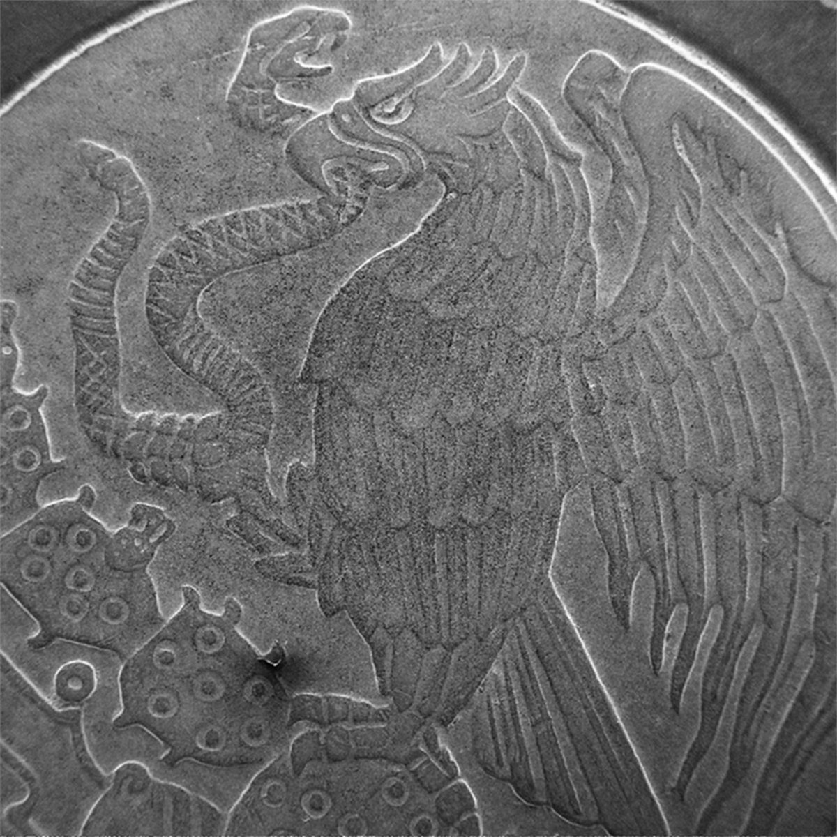 Here's a super cool guest artist contribution from <a href="/nftdreamerstar/">nftdreamer 💧🪽</a>. This one is drawn onto the 2000 Mexico 1 peso coin. You can compare with the raw SEM image of the coin on the right