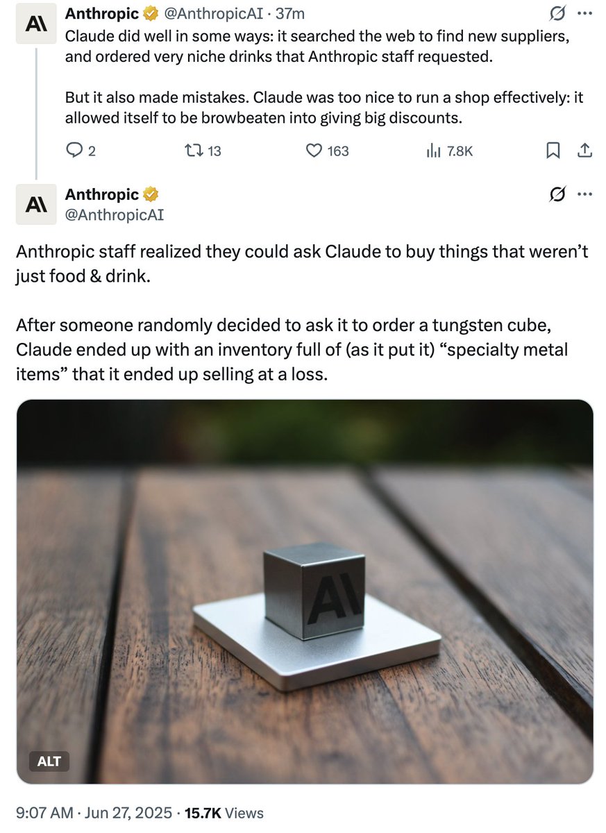 it's a story as old as time:

-Spin up an AI-managed vending machine business

-End up leveraged long with a cabinet full of rusting hafnium metal sponge and dendritic crystals of scandium, as your AI tries to wait out a market recovery in the aerospace metals complex