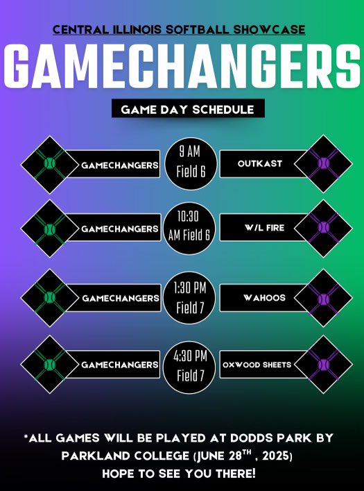 So excited to be back at it this weekend at the Central Illinois Softball Showcase in Champaign, IL! Here is my schedule for Saturday. I hope to see you there! 💜💚 <a href="/CoachJade15/">Jade Montgomery</a> <a href="/K__Goodman_97/">Krystal A Goodman</a> <a href="/kiwimoran_/">Kiwi Moran</a> <a href="/land_softball/">LakeLandSoftball</a> <a href="/LSementi/">Leonard Sementi</a> <a href="/kcerv2828/">Kelley Cervantes</a> <a href="/MattCervantes13/">Coach Cervantes</a>