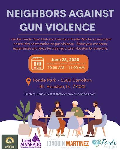 🚨 CALLING HOUSTON ACTIVISTS &amp; COMMUNITY MEMBERS 🚨

Are you looking to get involved and help create a Houston free from gun violence? Join our friends at the Fonde Civic Club for a town hall, “Neighbors Against Gun Violence,” TOMORROW at 10 a.m.