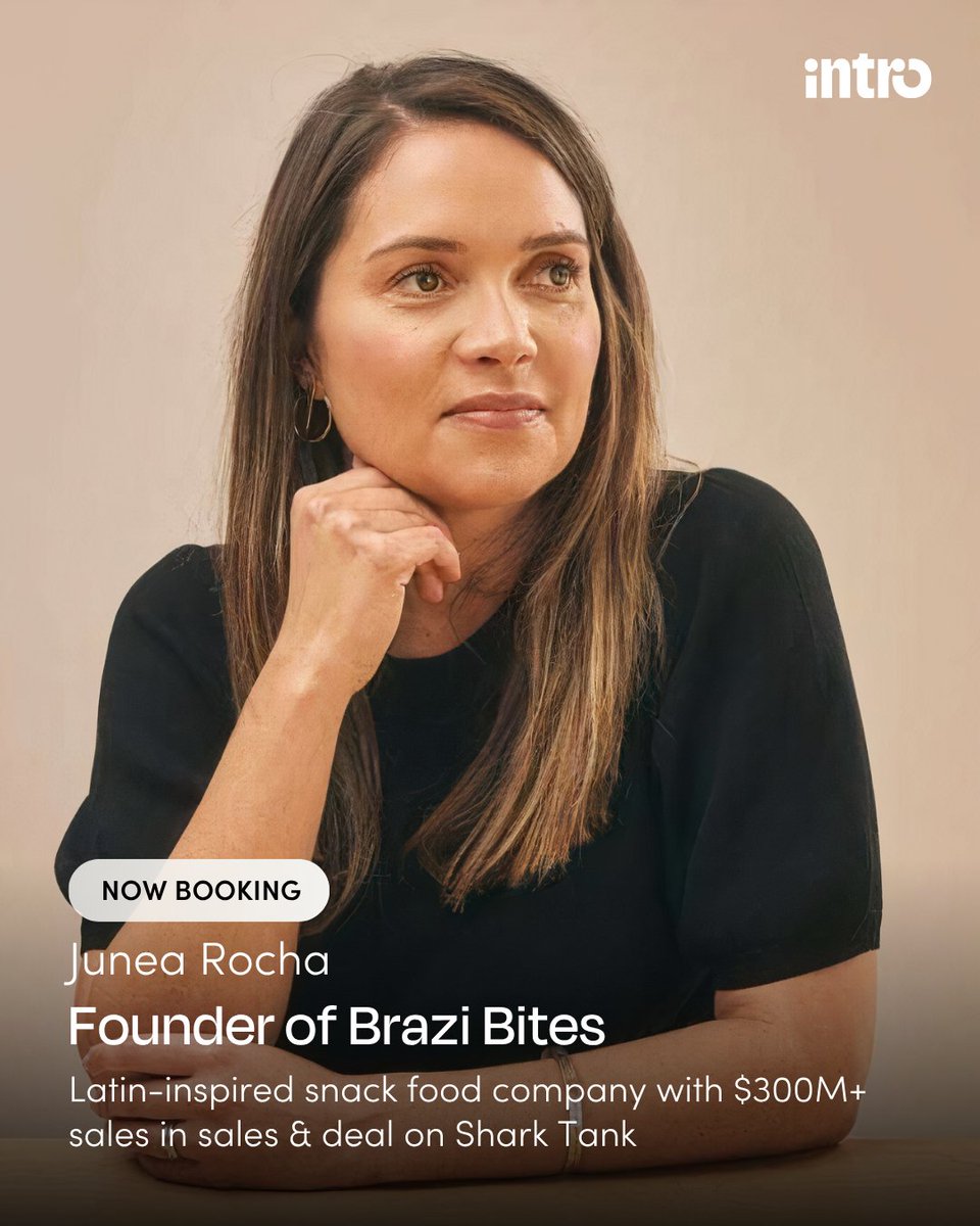 Intro (@useintro) on Twitter photo Big news! You can now book <a href="/JuneaRocha/">Junea Rocha</a> on @useIntro
From <a href="/sharktank/">Sharktank</a> to $300M+ in sales.
Junea turned <a href="/BraziBites/">Brazi Bites</a> from a kitchen recipe into the #1 gluten-free frozen snack in the U.S. - landing on Costco shelves nationwide and scaling across Whole Foods, Walmart, and beyond. Big news! You can now book <a href="/JuneaRocha/">Junea Rocha</a> on @useIntro
From <a href="/sharktank/">Sharktank</a> to $300M+ in sales.
Junea turned <a href="/BraziBites/">Brazi Bites</a> from a kitchen recipe into the #1 gluten-free frozen snack in the U.S. - landing on Costco shelves nationwide and scaling across Whole Foods, Walmart, and beyond.