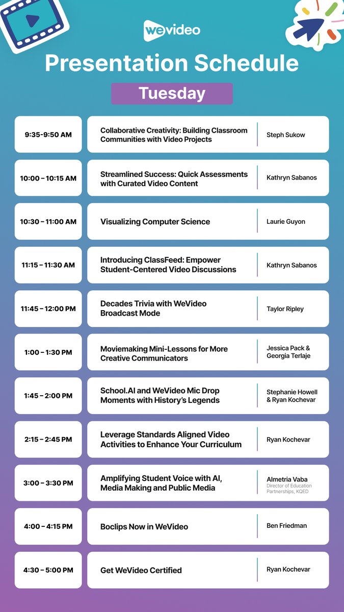 Tons more happening on Day 2 in the exhibit hall at the <a href="/WeVideo/">WeVideo</a> booth #2200 during #ISTELive25! Come by and say hi and check out the incredible lineup of presenters sharing new ways to incorporate the power of video in the classroom!