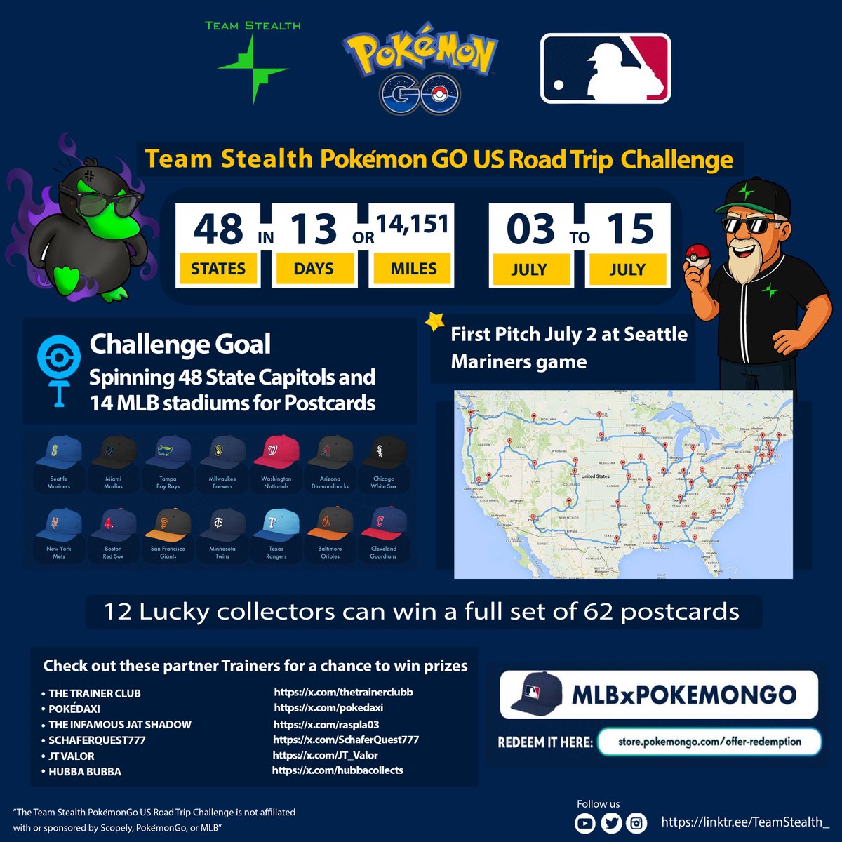 🚗✨ Announcing  the  "Team Stealth Pokémon GO US Road Challenge"! 🌟 We're putting our new devices to the test driving to lower 48 state capitals and MLB stadiums in just 13 days! and spinning for offical ingame postcards 🗺️🏟️ Join elite trainers like <a href="/pokedaxi/">Poké Daxi</a> ,