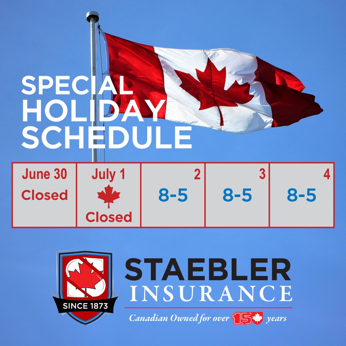 Please note our Special Holiday Schedule leading into #CanadaDay! 🍁

While the office will be closed until Wednesday, July 2, our Emergency After Hours Service is available by calling 1.877.877.9966 

Have a wonderful weekend, everyone! 🌞🇨🇦