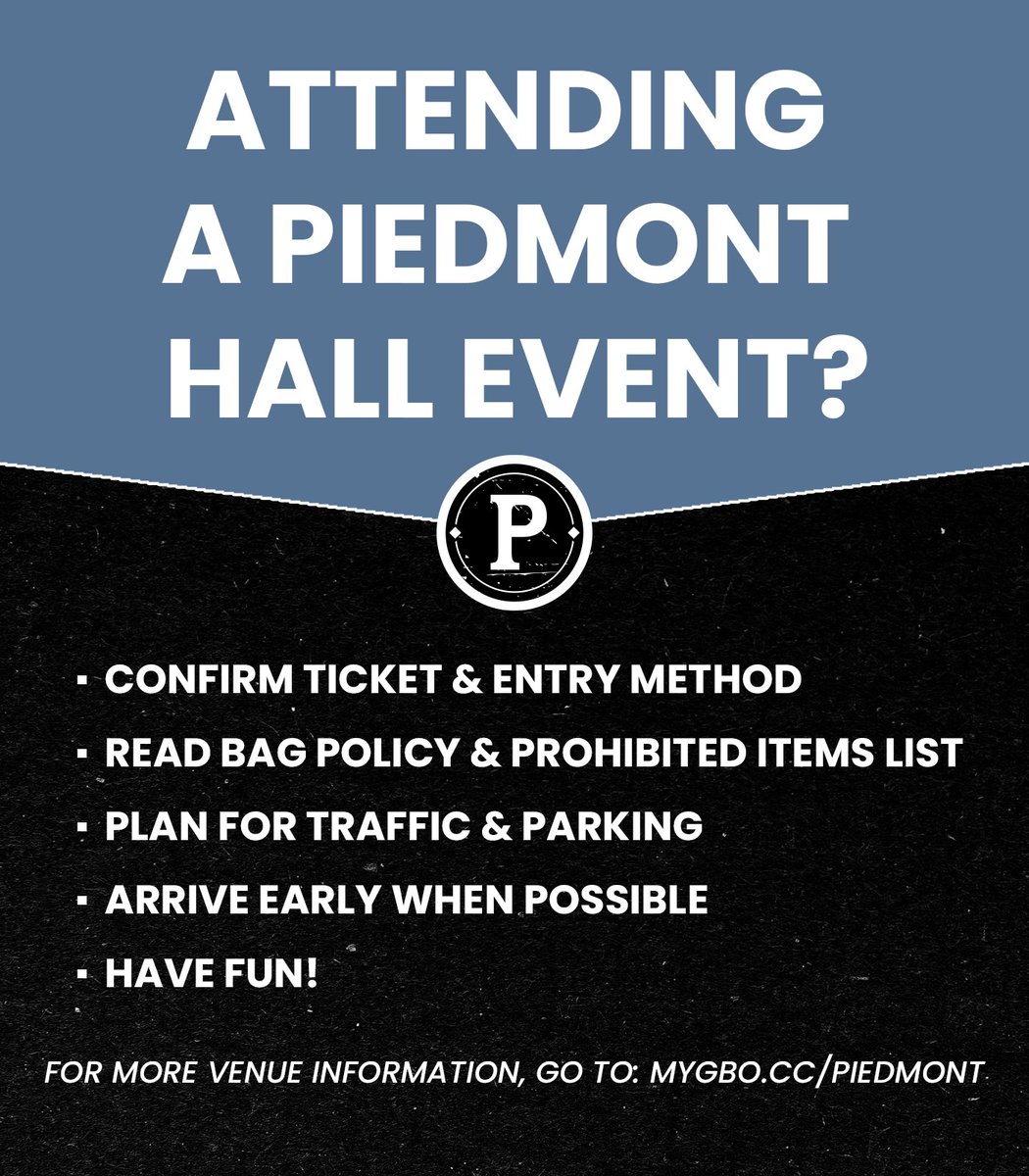 gsocomplex's tweet image. Joining us at Piedmont Hall tomorrow for Clutch? Check out everything you need to know ⏬
⏰: Show starts at 8 PM
🚪: Doors open at 7 PM
💳: Piedmont Hall is a cashless facility.