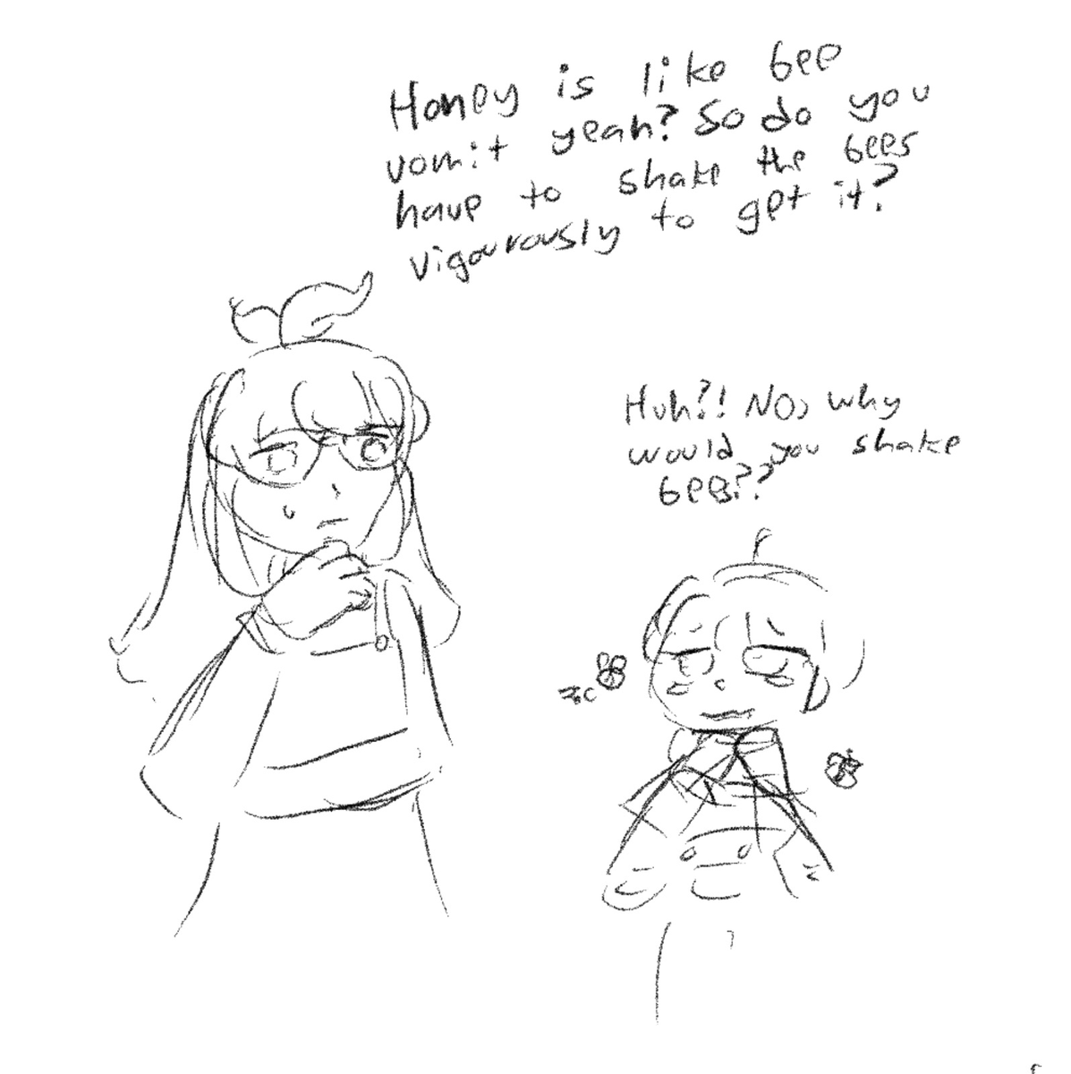 Do you really shake bees to get honey?

It's Fan Art Friday!

Each week we're highlighting a lovely piece of #kumitantei art from our community, and we'd love to see yours with #kumifanart!

This week, we have some adorable doodles from Pining_Tree!