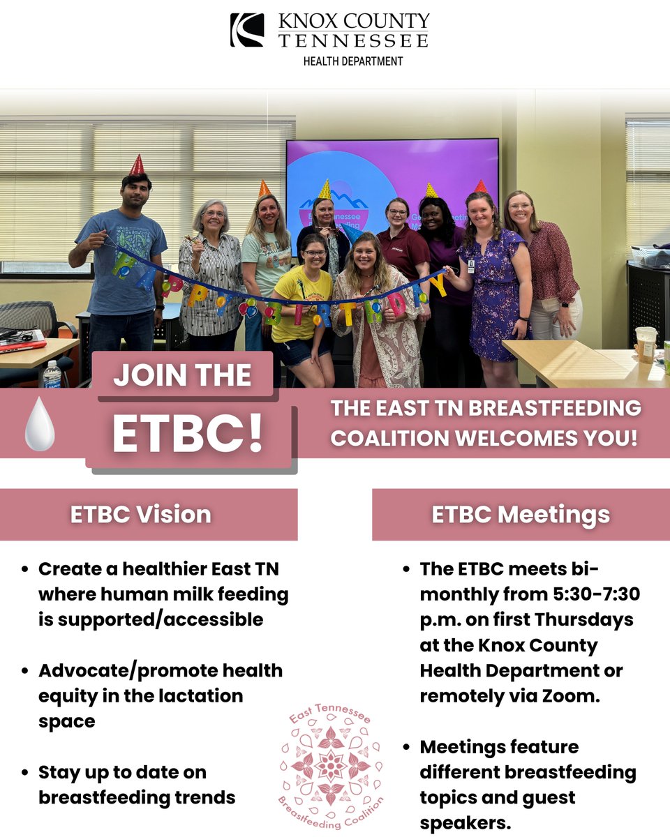 The East TN Breastfeeding Coalition works to create a healthier East Tennessee where human milk feeding is supported and accessible for all.

If you would like to join, the ETBC's next meeting is July 10, at KCHD. 

Please RSVP to the meeting here: knoxcounty.jotform.com/team/hwp/etbc-….