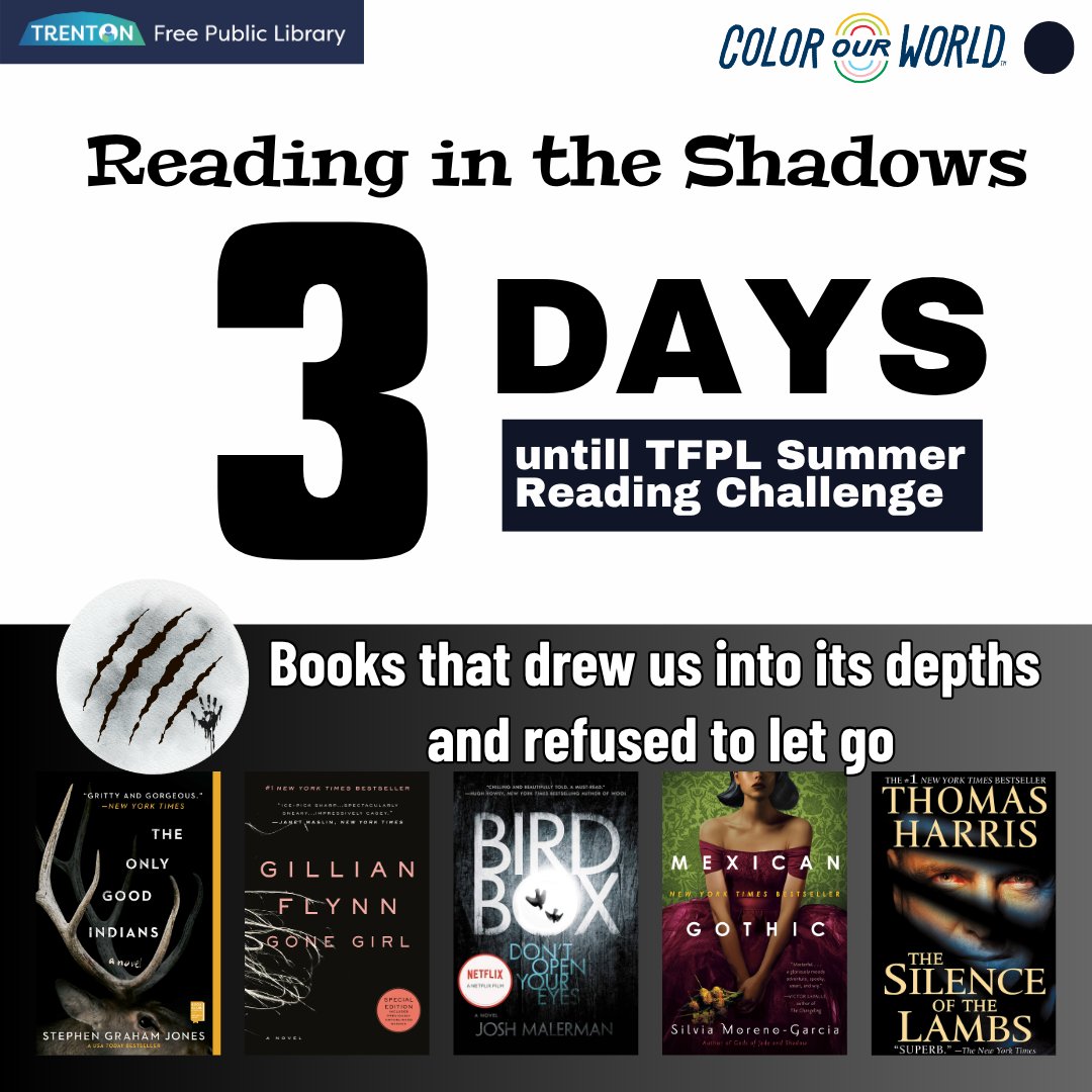Trenton Free Public Library (@trentonpublib) on Twitter photo 3 days till our Annual Summer Reading Challenge! Our color theme for today is BLACK and we are bringing depth! What book drew you into its depth and refuse to let go? Comment below!
#Summerreadingchallenge #colorourworld #tfpl #trentonfreepubliclibrary 3 days till our Annual Summer Reading Challenge! Our color theme for today is BLACK and we are bringing depth! What book drew you into its depth and refuse to let go? Comment below!
#Summerreadingchallenge #colorourworld #tfpl #trentonfreepubliclibrary