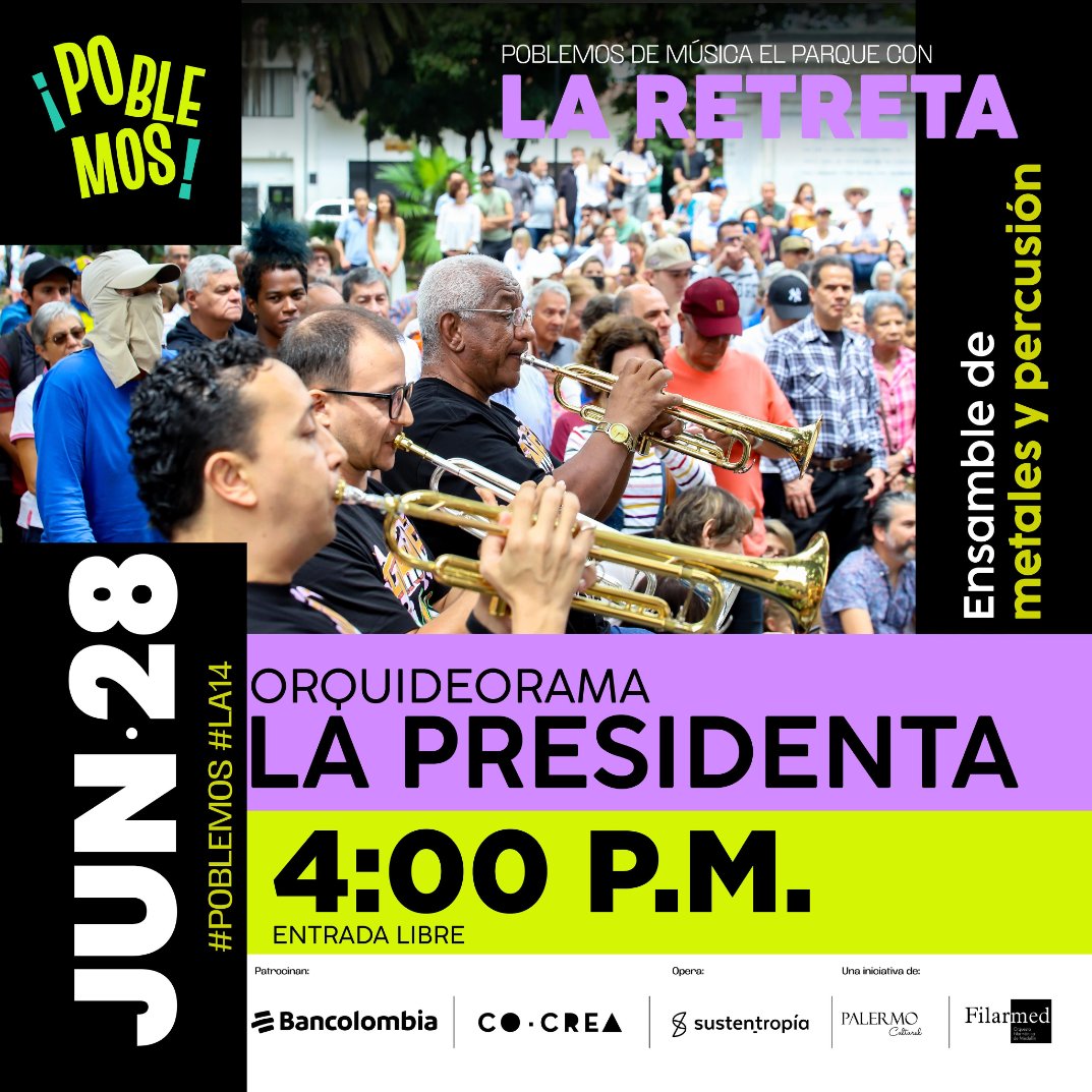 #Mañana| Llevamos la magia de la Orquesta🎶 al Parque La Presidenta. Este sábado 28 desde las 4 p.m. Entrada libre. Música colombiana, viejoteca y comunidad, todos juntos para habitar nuestro espacio público. ¡No faltes! 

Nota vía <a href="/vivirpoblado/">Vivir en El Poblado</a> 👇
vivirenelpoblado.com/la-filarmonica…