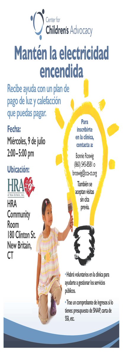 Join the Center for Children’s Advocacy for a Utility Clinic 💡

📅 Wednesday, July 9
⏰ 2:00-5:00 PM
📍 HRA Community Room, 180 Clinton St., New Britain, CT