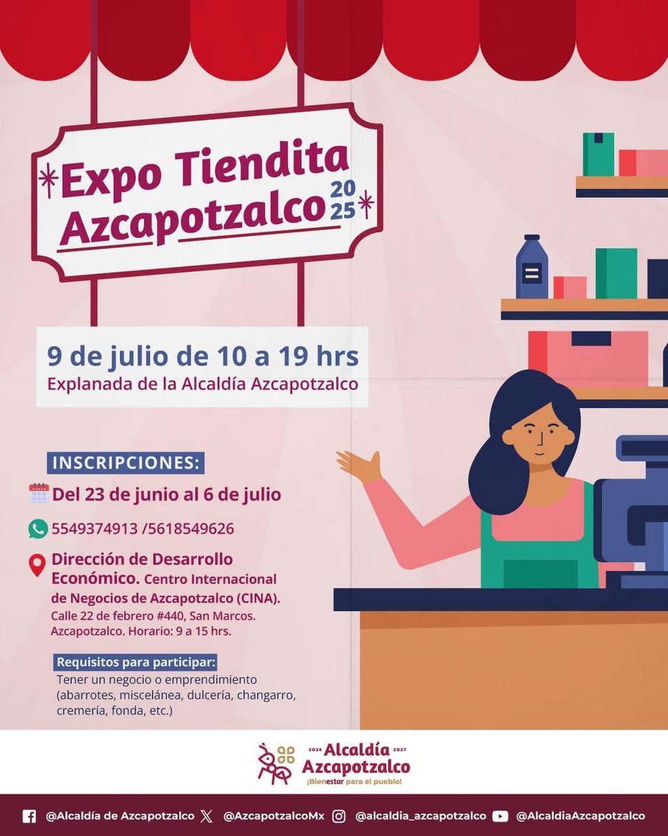 📣 ¿Tienes una tiendita o pequeño negocio en Azcapo?
Súmate a la Expo Tiendita Azcapotzalco 2025 y conecta con proveedores, herramientas y soluciones que pueden transformar tu negocio.

📆 9 de julio
📍 Explanada de la Alcaldía Azcapotzalco
🕙 De 10:00 a 19:00 hrs

📝 Inscríbete
