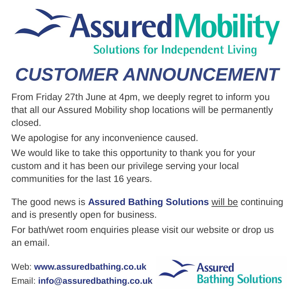 AssuredMobility's tweet image. We have some unfortunate news to share.

From today, all Assured Mobility shops will be closed permanently.

Thank you for everything and it was a pleasure to serve to all our communities.

#gloucester #brockworth #cheltenham #cirencester #witney #cotswolds #gloucestershire