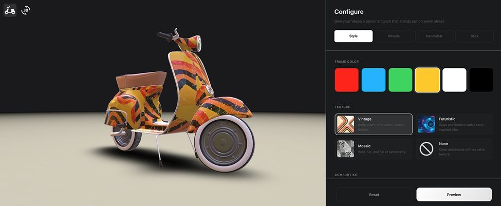 Pretty sweet Reactylon demo of a scooter configurator! 

reactylon.com/showcase/vespa… 

#3D #WebDev #gamedev #indiedev #WebDevelopment #webgl #gamedevelopment #IndieDevs