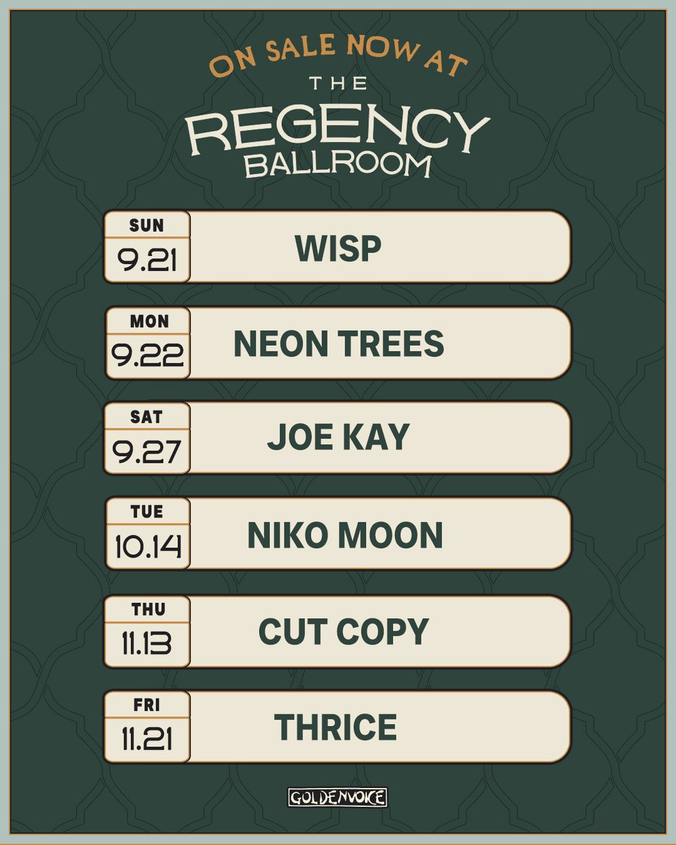 𝓞𝓷 𝓢𝓪𝓵𝓮 𝓝𝓸𝔀:
⚜ 9.21 - WISP
⚜ 9.22 - @NEONTREES
⚜ 9.27 - @JOEKAY
⚜ 10.14 - @NIKOMOON
⚜ 11.13 - @CUTCOPY
⚜ 11.21 - @THRICE

🎫 rebrand.ly/OnSaleReg