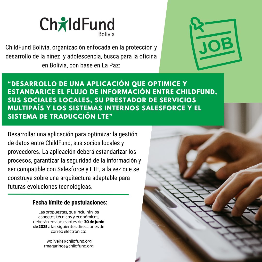 ChildFund Bolivia (@childfundbo) on Twitter photo #Convocatoria
#childfund te invita a postular para este servicio:
📆Plazo de envío de propuestas: 30/06/2025.
Descarga los TRD's en el link 👉bit.ly/4epFS5j
Envío de propuestas a:
woliveira@childfund.orgo
rmagarinos@childfund.org #Convocatoria
#childfund te invita a postular para este servicio:
📆Plazo de envío de propuestas: 30/06/2025.
Descarga los TRD's en el link 👉bit.ly/4epFS5j
Envío de propuestas a:
woliveira@childfund.orgo
rmagarinos@childfund.org