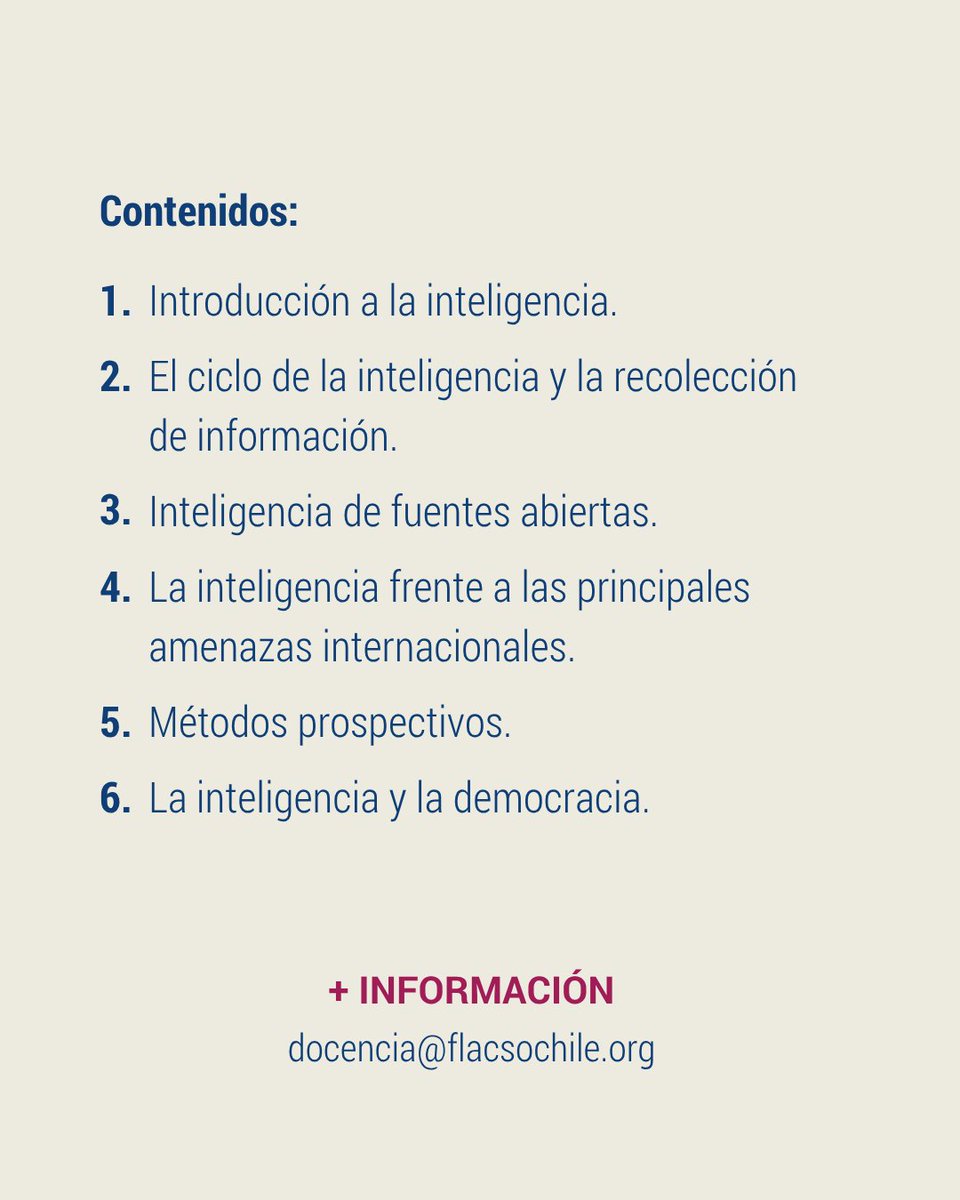 #Docencia | 🧠 ¿Quieres anticipar escenarios y fortalecer la toma de decisiones estratégicas?

Súmate al Diplomado en Inteligencia y Prospectiva de FLACSO Chile.

🗓 Inicio: 2 de octubre 2025 | 💻 100% virtual

Más información e inscripciones 👉 flacsochile.org/diplomado_inte…