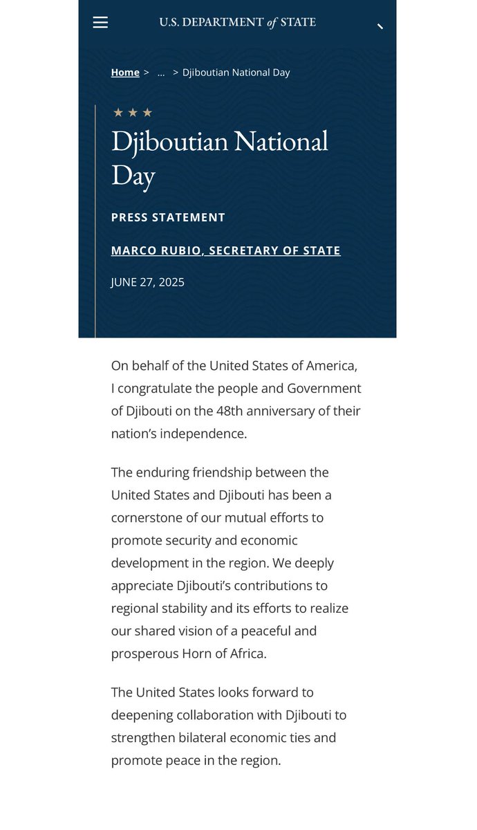 Mohamed Siad Doualeh (@ambdoualeh) on Twitter photo Deeply grateful to Secretary <a href="/marcorubio/">Marco Rubio</a> for this heartwarming message on the occasion of Djibouti’s 48th Independence Anniversary. On behalf of the Government and the people of #Djibouti, THANK YOU! Deeply grateful to Secretary <a href="/marcorubio/">Marco Rubio</a> for this heartwarming message on the occasion of Djibouti’s 48th Independence Anniversary. On behalf of the Government and the people of #Djibouti, THANK YOU!