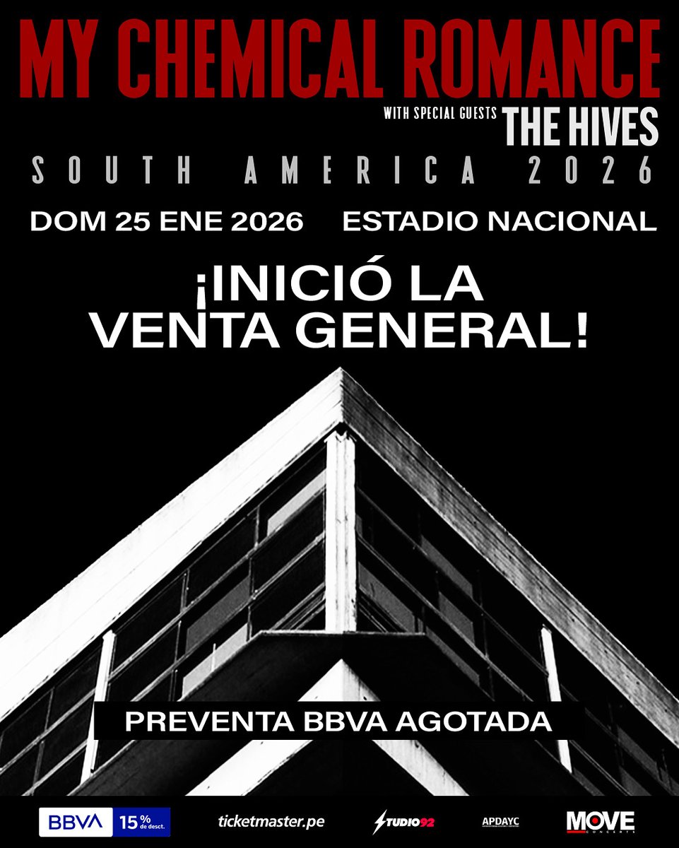 ¡MY CHEMICAL ROMANCE en LIMA!
Inició la Venta General! Consigue tu entrada hoy en TODAS las zonas por Ticketmaster.pe (web y presencial)

15% Descuento con tarjetas de débito y crédito BBVA (zonas Oriente, Campo B y Norte)

Link de compra en Bio/Stories

¡El concierto que