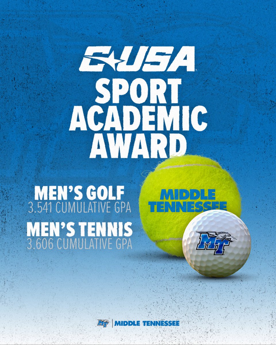 Middle Tennessee Athletics (@mtathletics) on Twitter photo Congratulations to <a href="/MT_MGolf/">Middle Tennessee Men's Golf</a> and <a href="/MT_MensTennis/">Middle Tennessee Men's Tennis</a> on earning <a href="/ConferenceUSA/">Conference USA</a> Sport Academic Awards! ๐
๐ goblueraiders.co/3Gc2REg Congratulations to <a href="/MT_MGolf/">Middle Tennessee Men's Golf</a> and <a href="/MT_MensTennis/">Middle Tennessee Men's Tennis</a> on earning <a href="/ConferenceUSA/">Conference USA</a> Sport Academic Awards! ๐
๐ goblueraiders.co/3Gc2REg