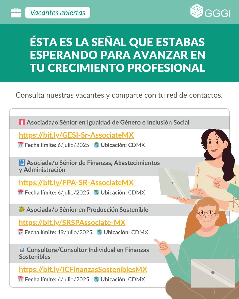 🌱 ¡#ViernesDeVacantes!​
Estamos buscando profesionales que quieran sumarse a nuestro #TeamCrecimientoVerde:​

🚺 Asociada/o Sénior en Igualdad de Género e Inclusión Social. Fecha límite: 6 de julio.
bit.ly/GESI-Sr-Associ…​

​🔢 Asociada/o Sénior de Finanzas, Abastecimientos y