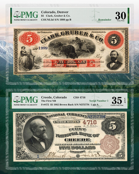 PMGnotes's tweet image. These two PMG-certified notes from 19th century Colorado each just realized more than $100,000 through @GreatCollection. Learn more and see additional lots from this superb paper money collection: PMGnotes.com/news/article/1… #numismatics #papermoney #rarenotes #notecollecting