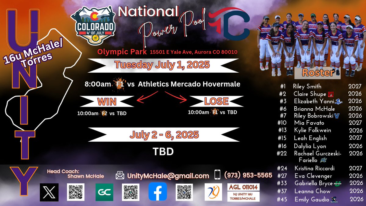 ⚠️ This group is getting ready to ✈️  out to Colorado. They are locked in for a big week of softball <a href="/COSparkFire/">CO 4th of July</a>. Get ready to watch some awesome competition in The National Power Pool. 💪 Let's GoOo 🎆 See you there! <a href="/NJUnityMchale/">NJ Unity 16U Torres/McHale</a> <a href="/S_McHale12/">Shawn</a> <a href="/ALLNJSoftball/">NJ softball</a> <a href="/LegacyLegendsS1/">Legacy & Legends Softball</a>