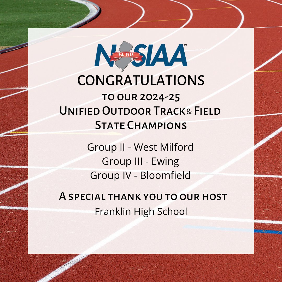 NJSIAA's tweet image. NJSIAA congratulates our 2024-25 Spring Track &amp;amp; Field State Champions! We also want to thank our generous hosts for their hospitality hosting the NJSIAA Spring Track &amp;amp; Field State Tournament.