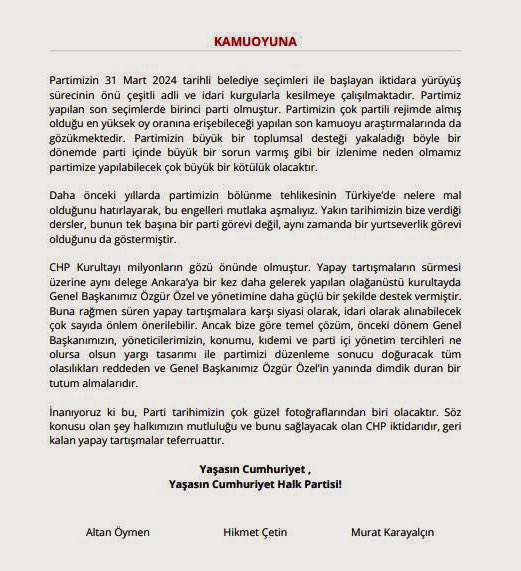 Yaşasın Cumhuriyet Halk Partisi!
Yaşasın Türkiye Cumhuriyeti!