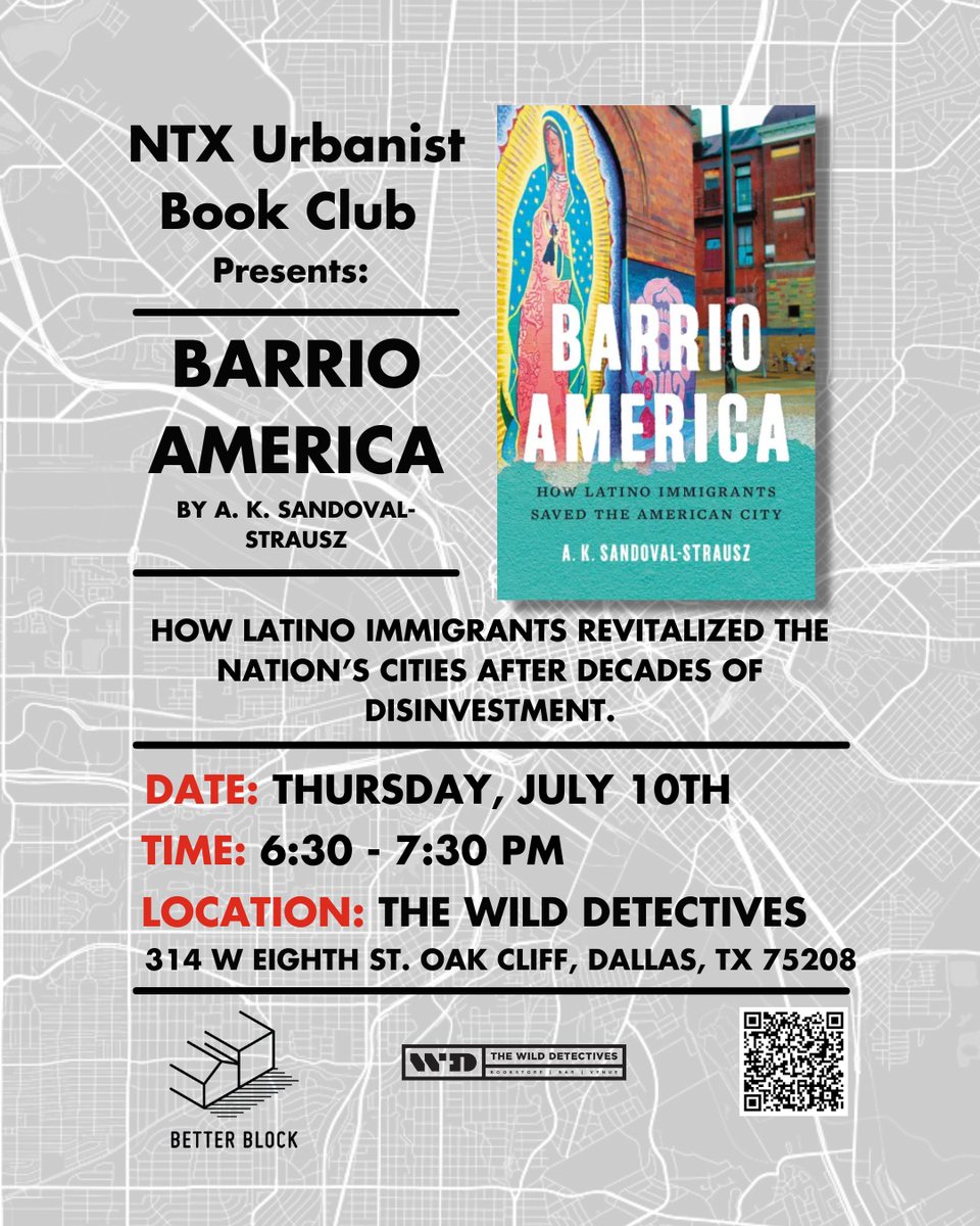 Join us for the next NTX Urbanist Book Club on July 10 at <a href="/WildDetectives/">The Wild Detectives</a> as we discuss "Barrio America" and how Latino immigrants helped revive U.S. cities! Visit the link in our below to RSVP for free: shorturl.at/E1JXg