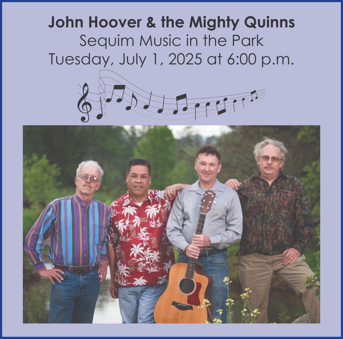 VisitSequim's tweet image. Bring your chair or a blanket and enjoy the folk, rock, and standards of the 60's &amp;amp; 70's with John Hoover &amp;amp; the Mighty Quinns. Music in the Park on Tuesday, July 1 at the James Center for the Performing Arts at Carrie Blake Park.  See the full schedule at visitsunnysequim.com/202/Concerts