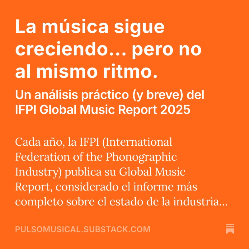 La música sigue creciendo… pero no al mismo ritmo.

Un análisis práctico (y breve) del IFPI Global Music Report 2025

pulsomusical.substack.com/p/la-musica-si…
