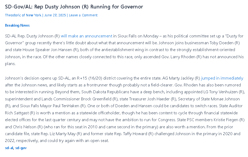RRHElections's tweet photo. #SDGov: Rep. Dusty Johnson (R) will run for Governor. We look at what his entry means to the race and have a Great Mentioner for his #SDAL Congressional seat here: https://t.co/kEjVABHOdH https://t.co/zoaYu53HyI