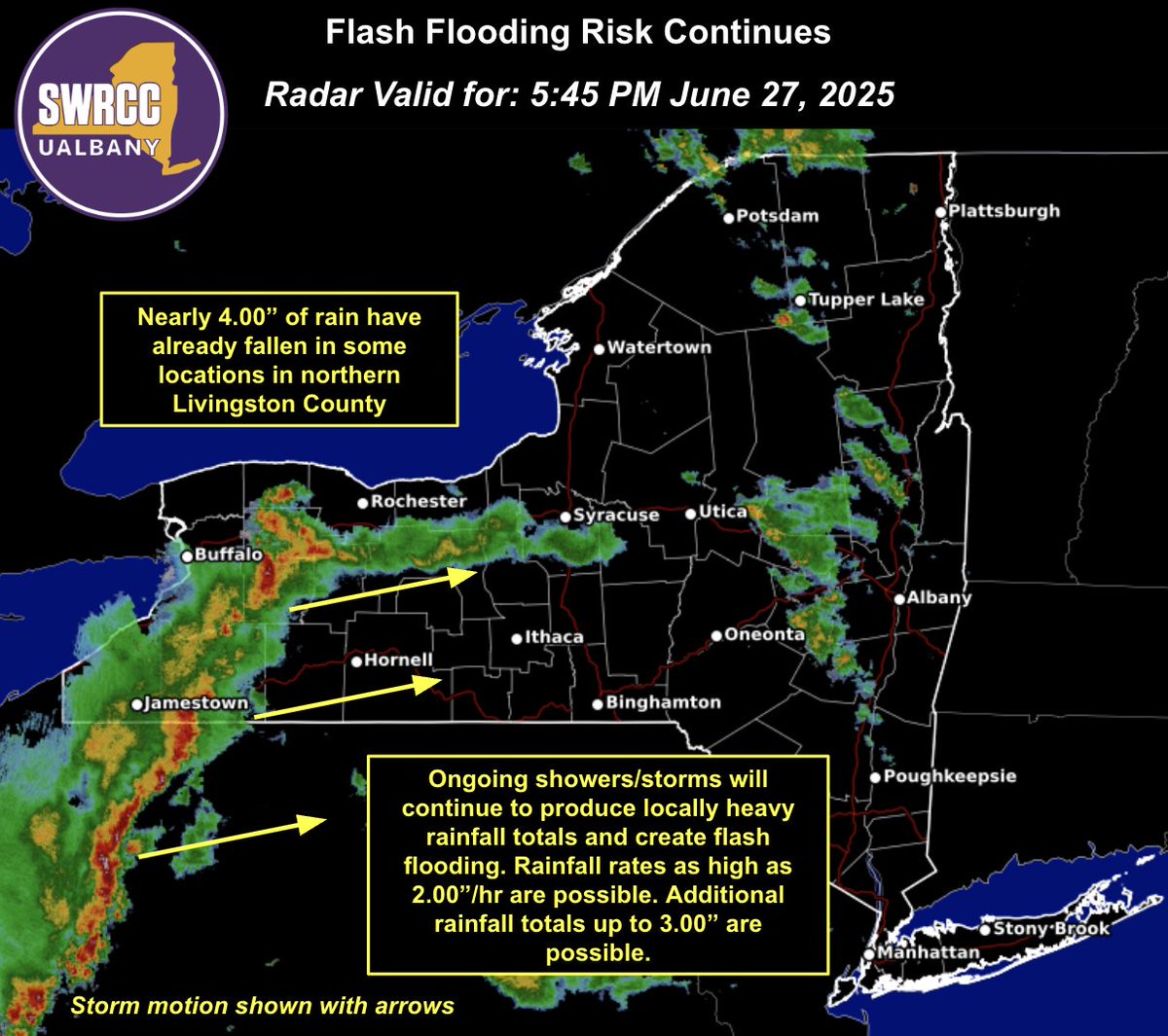 NYSWRCC's tweet image. Nearly 4.00" of rain has already fallen in northern Livingston County since 2PM. More showers & storms will continue to create a flash flooding risk through this evening.
Stay weather-aware & sign up for real-time alerts in your area by texting your county or borough to 333111.