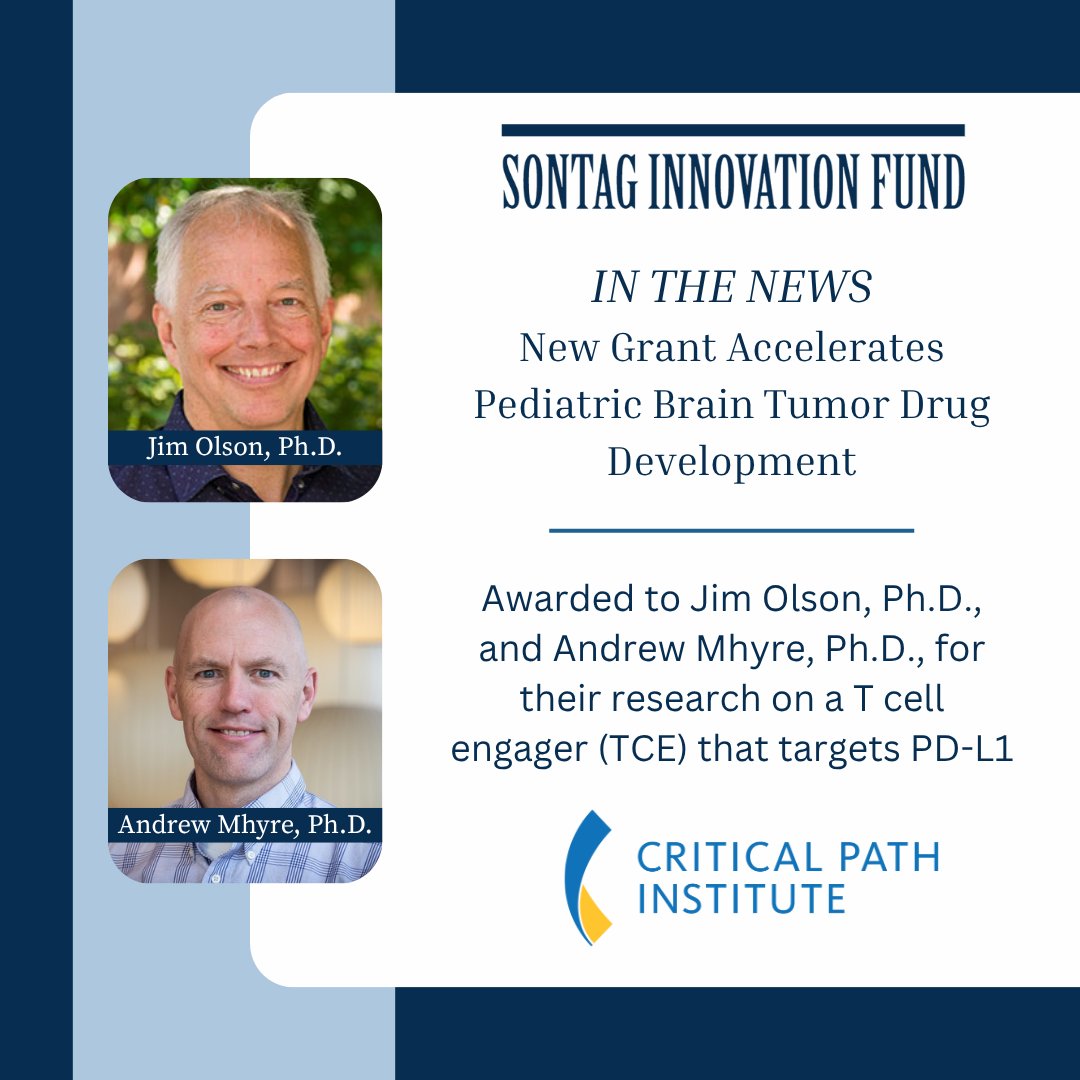 The Sontag Foundation (@sontagfdn) on Twitter photo We partnered with <a href="/CPathInstitute/">Critical Path Institute (C-Path)</a> through its TRxA program to award a grant supporting new immunotherapy for fatal brain tumors. Jim Olson, Ph.D., and Andrew Mhyre, Ph.D., received the grant to advance a T cell engager (TCE) targeting PD-L1. bit.ly/3HAkpKs We partnered with <a href="/CPathInstitute/">Critical Path Institute (C-Path)</a> through its TRxA program to award a grant supporting new immunotherapy for fatal brain tumors. Jim Olson, Ph.D., and Andrew Mhyre, Ph.D., received the grant to advance a T cell engager (TCE) targeting PD-L1. bit.ly/3HAkpKs