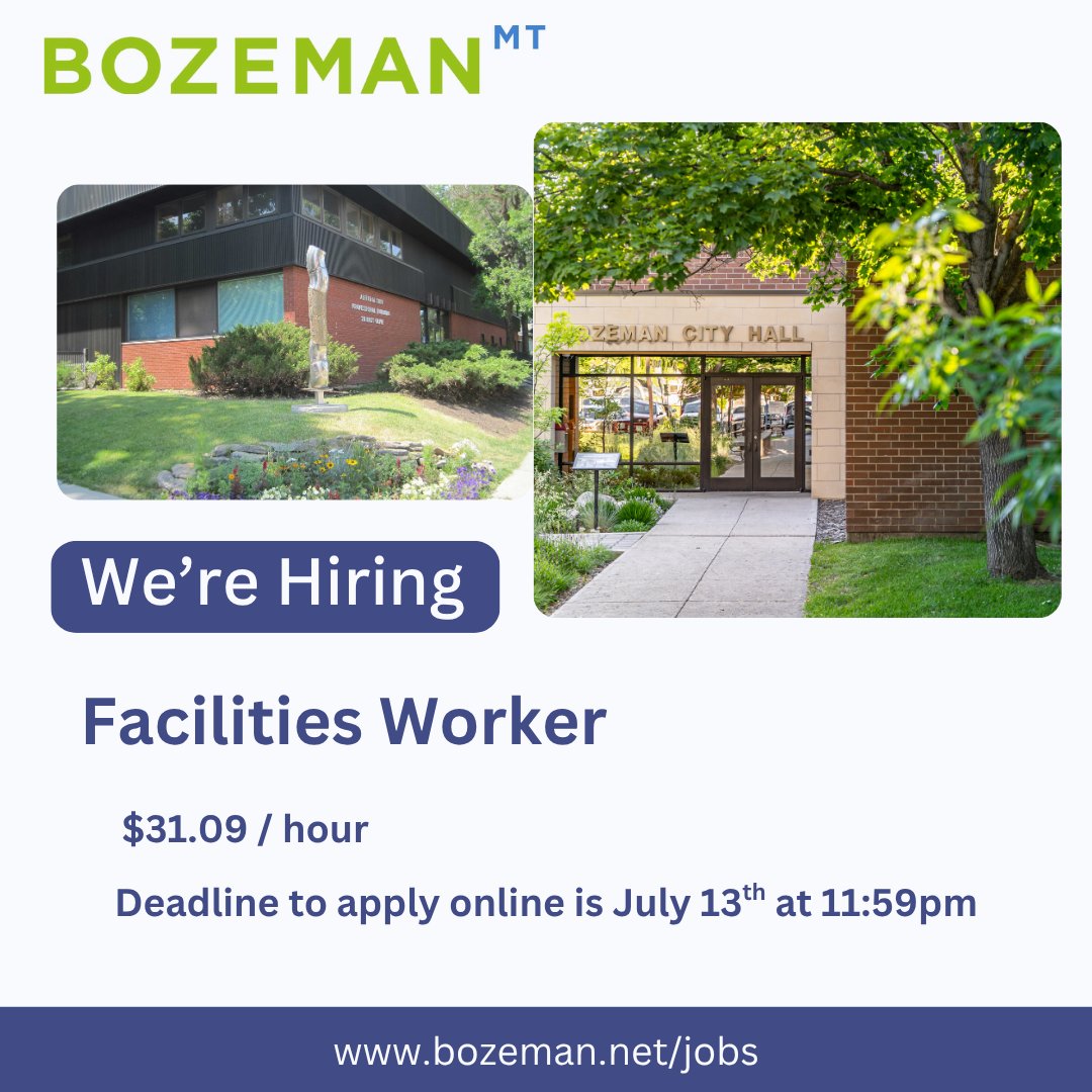The City of Bozeman is now accepting applications for Facilities Worker to perform a variety of skilled and semi-skilled tasks in the operation, maintenance, and repair of City facilities.
💰$31.09/hour
📝 Apply online by July 13th, 2025 @ 11:59pm
