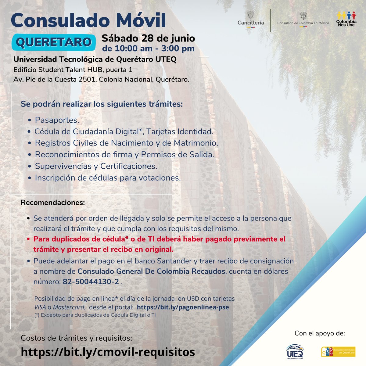 Para la #jornadaconsular de este sábado 28 en #Querétaro las sucursales donde puede usted puede adelantar el pago son: 👇