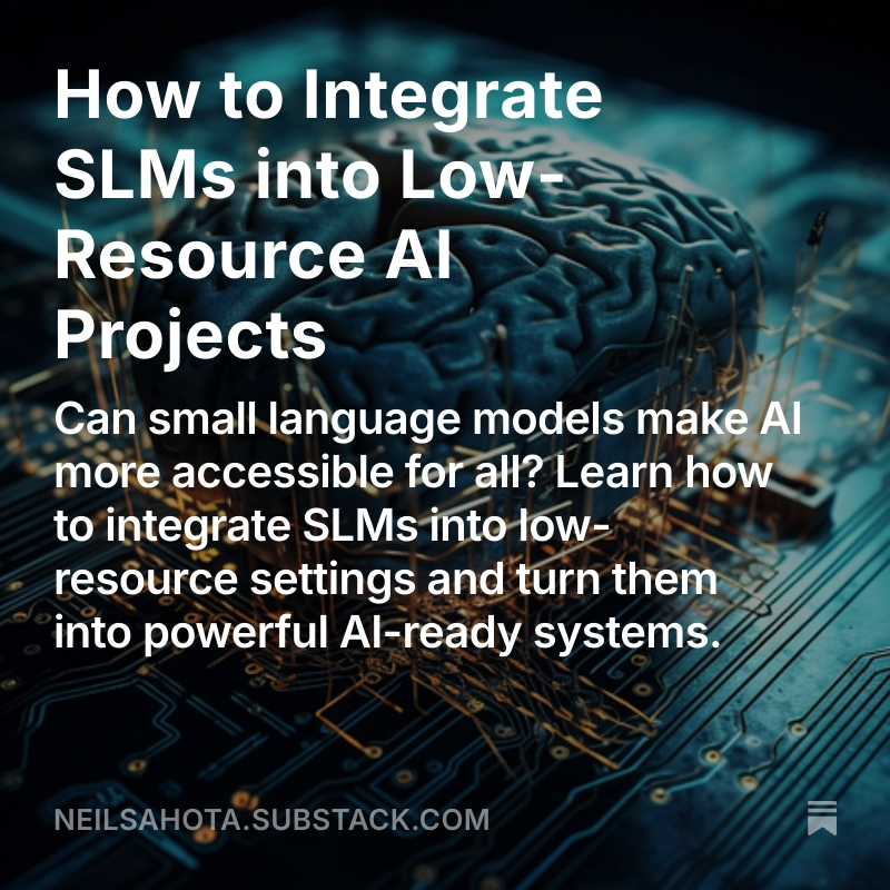 How to Integrate SLMs into Low-Resource AI Projects
Small Language Models (SLMs) transform AI development by providing a lightweight and efficient alternative to large models. 
To read my latest Substack article, click here - open.substack.com/pub/neilsahota…